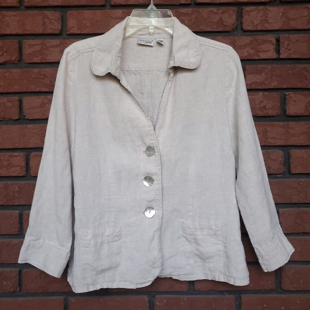 Beige Linen Lightweight Jacket Sz 14 Button Front 3/4 Sleeve Minimalist Neutral